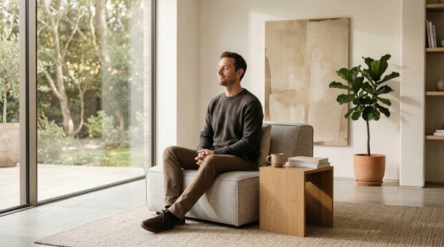 man sitting peacefully without smartphone in minimalist modern interior