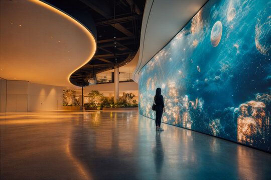 Immersive mall transformation interior with lone professional woman silhouette viewing luminous curved digital environment wall experiential retail future of shopping immersive entertainment