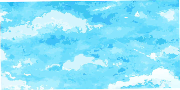 Blue sky and white clouds watercolor illustration with a distant airplane