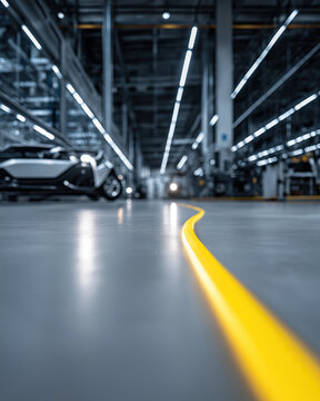 Curving yellow guideline leads through futuristic automotive factory floor toward sleek electric vehicle under bright overhead lighting.
