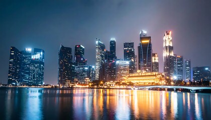 Obraz premium Illuminated city skyline reflects on calm water at night (1)