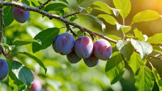Plums on branch with green leaves in warm sunlight. Plum fruit theme celebrates stone fruit freshness for orchard marketing, seasonal menus, farm branding, gardening tips