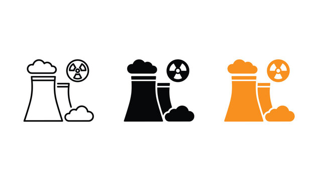 Nuclear power plant icon set with three variations including outline black silhouette and orange flat graphic for energy and radioactivity danger warning branding isolated on white background