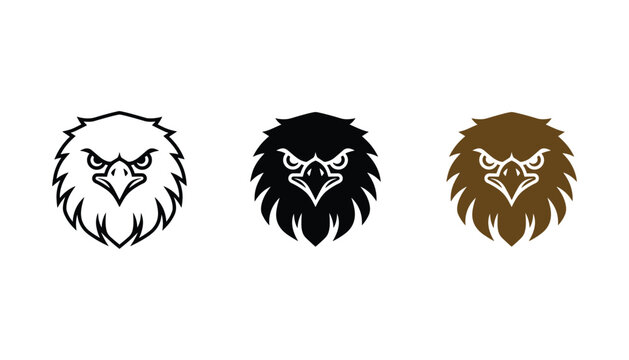 Angry eagle head icon set with three variations including outline black silhouette and brown flat graphic for sports team branding or wildlife logo design assets isolated on white background