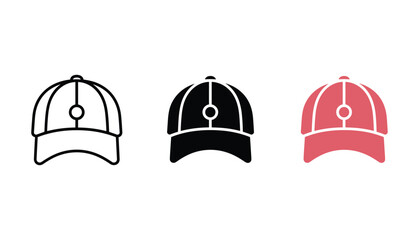 Fototapeta premium Baseball cap headwear vector icons in outline solid and pink styles representing modern street fashion apparel design elements for sports branding and digital interface graphics isolated on white