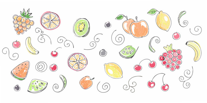 Colorful Fruit Illustration With Line Art And Swirls