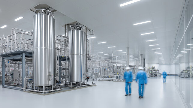 Workers in blue uniforms walk past steel tanks inside a bright sterile pharmaceutical manufacturing facility with motion blur.
