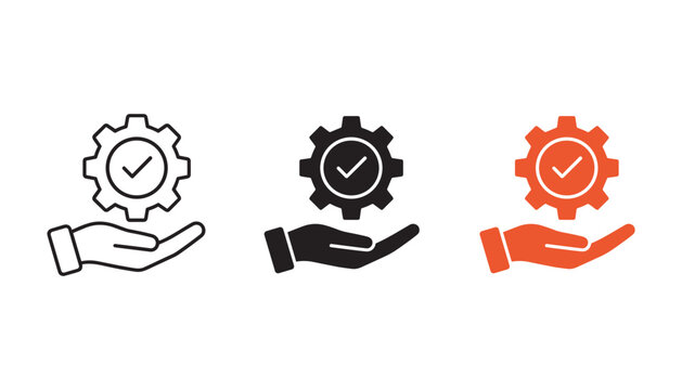 Hand holding gear with checkmark icon set in three styles featuring outline black silhouette and orange flat graphic for quality control and business process branding isolated on white