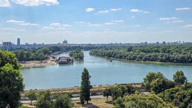 View of the confluence of the Sava and Danube rivers with the Great War Island and the city skyline in Beograd, Grad Beograd, Serbia.