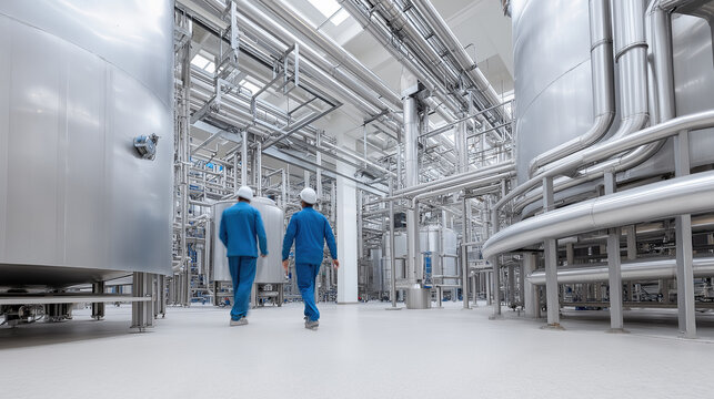 Two uniformed workers walk together through a modern pharmaceutical plant surrounded by towering steel tanks and pipework.