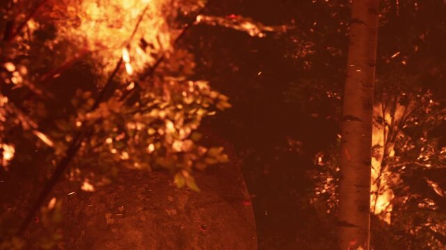 Flames rise from trees in a forest at night. The fire spreads among the foliage, creating a bright glow. Sparks fly into the air as the fire consumes the brush.