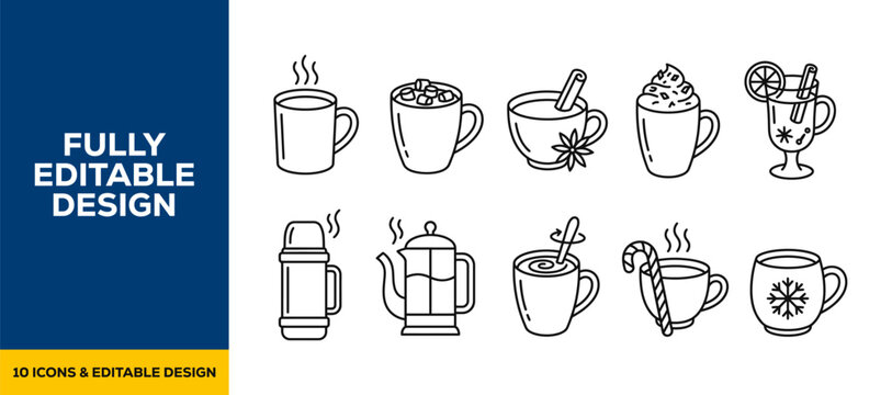 Black ink scribble hand drawn hot beverage icons vector set featuring coffee tea and mugs for cafe menu restaurant branding morning break and wellness relaxation design art.