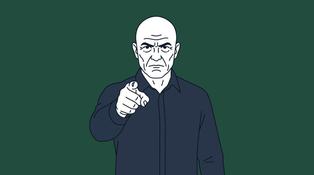 A bald man pointing accusingly forward.