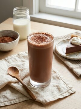 cocoa with milk in a tall glass on the table
