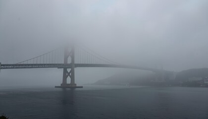 Obraz premium Giant Suspension Bridge Towers Disappearing into Thick Gray Toxic Fog Over Bay