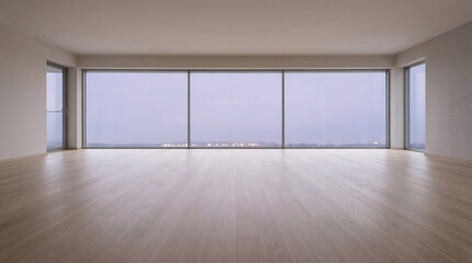 Fototapeta premium Empty luxury penthouse apartment with wooden floor and large panoramic window at twilight