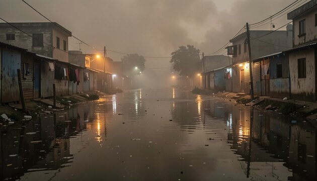Dark Polluted Urban Canal Reflecting City Lights Under Heavy Smoke and Haze