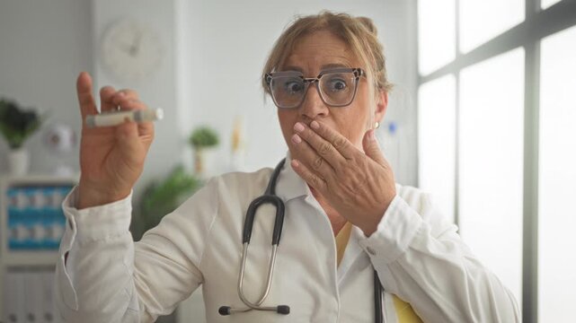 Woman doctor, middle aged blonde in lab coat and glasses holding a test tube and covering mouth with hand, stethoscope visible in clinic; surprise concern.