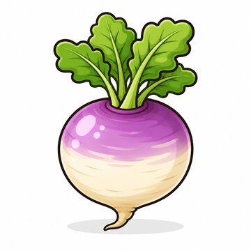 Fresh turnip flat vector icon isolated on white background with glossy purple root and green leaves