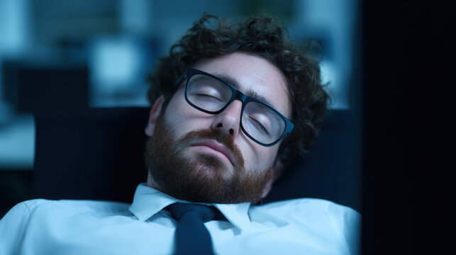 Silent victory gesture, A tired man in glasses and business attire rests with his eyes closed, seemingly asleep at his desk in a dimly lit office environment.