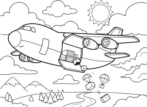 Cartoon cargo plane air dropping supplies over a mountain landscape for coloring page activity featuring a playful aircraft delivering packages via parachutes