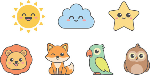 Obraz premium Cute Kawaii Animal and Nature Icon Set Featuring Adorable Cartoon Sun Cloud Star Lion Fox Parrot and Owl Character Vector Elements