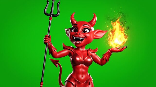 Funny Red Devil Mascot Holding Trident With Floating Fire Green Screen Character Animation