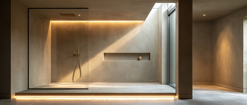Spain spired master bathroom featuring seamless micro cement walls, ceiling mount rainfall head, brass fixtures, and warm LED underlighting. Natural skylight adds serenity. Perfect for luxury.