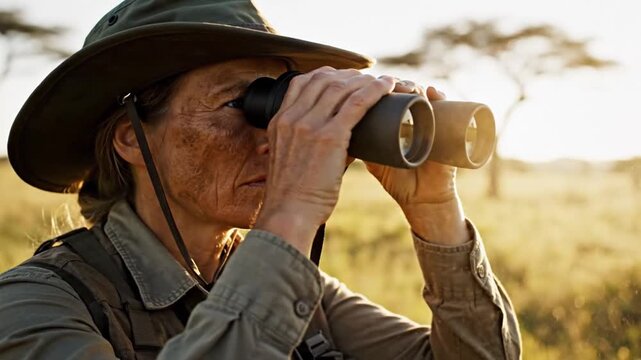 man closely observing through binoculars in a savanna landscape, wearing a hat and leather jacket, demonstrating focused and attentive behavior in a natural setting with green and brown taw.
