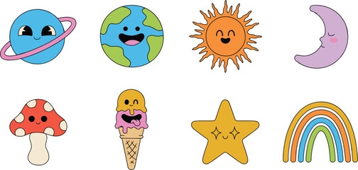 Retro Groovy Kawaii Sticker Set with Cute Cartoon Characters of Celestial Elements Space Planets Sun Moon Rainbow and Ice Cream Vectors © Ismail