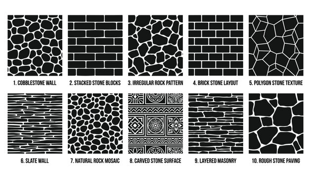 Stone Wall Texture Set with Stacked Blocks, Rough Paving, and Layered Mosaic Patterns for Seamless Surface Designs