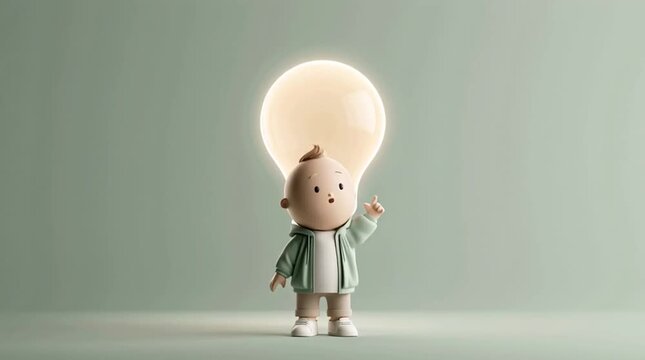 A character stands beneath a giant glowing light bulb, pointing upward with excitement while explaining a concept in a clean presentation and training-style looping animation.