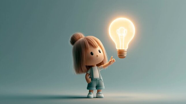 A character stands beneath a giant glowing light bulb, pointing upward with excitement while explaining a concept in a clean presentation and training-style looping animation.