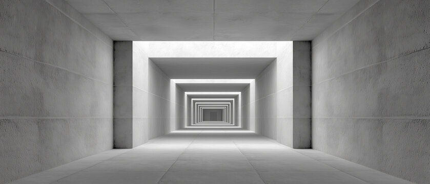 A symmetrical concrete tunnel with repeating archways draws the eye toward a bright, distant vanishing point.