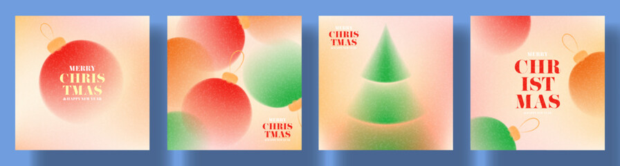 Fototapeta premium Merry Christmas and Happy New Year holiday posters. Gradient style vector cards with Christmas balls, fir tree and typography design. Simple minimalist New Year backgrounds.