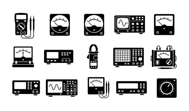 Electrical measuring tools and testing equipment icons, 15 black vector silhouettes of multimeter, oscilloscope and voltmeter devices