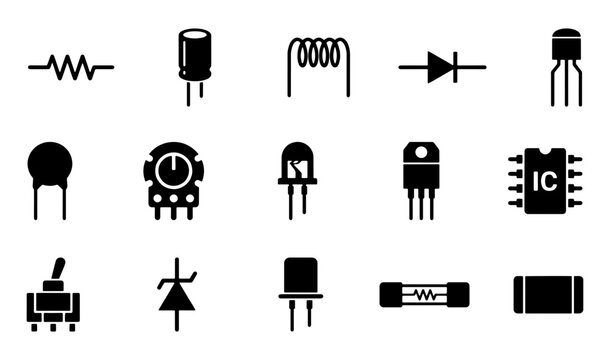 Electronic components icon set, 15 black silhouette circuit symbols, hardware engineering parts for PCB design and electrical schematics