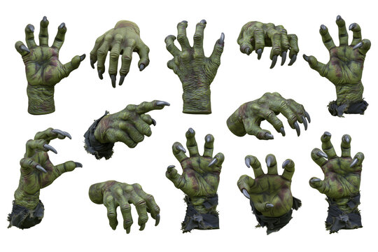 Set of green witch wizard halloween hands with gray talons isolated on transparent background. PNG
