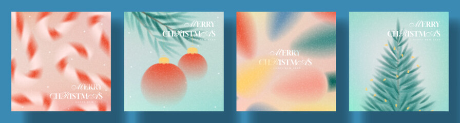 Fototapeta premium Gradient style Christmas and New Year cards. Vector backgrounds with holiday balls, fir tree, candy canes and typography design. Trendy minimalist New Year covers for holiday, branding, social media.