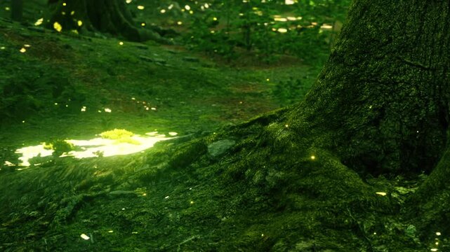 Sunlight shines through the leaves of tall trees in a dense forest. The ground is covered with moss and small plants, creating a refreshing natural scene.