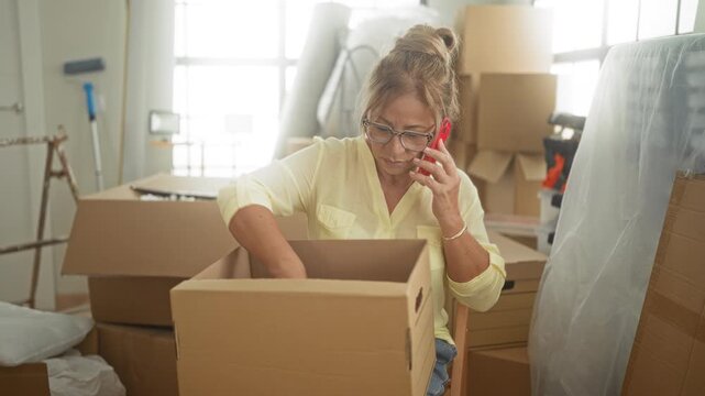 Woman checks items in cardboard box with hand while holding smartphone to ear in building; moving transition concern.