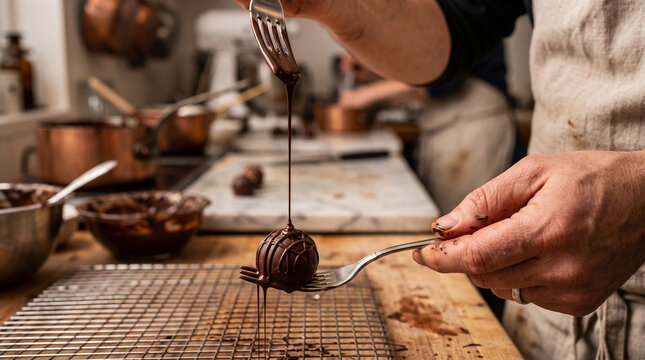 Artisan chocolatier decorating handmade truffle with chocolate drizzle pattern using forks
