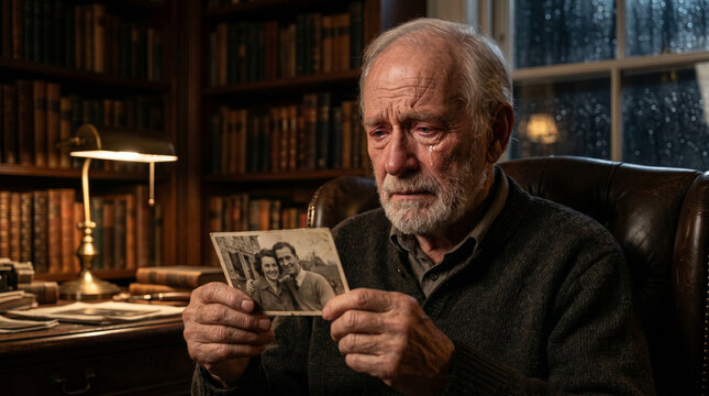 Crying senior man looking at old black and white photo in dark library