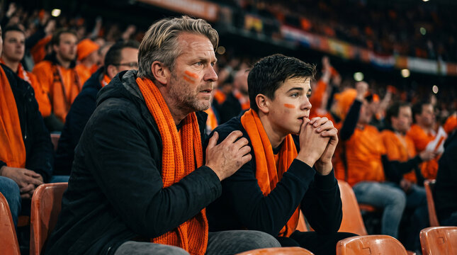 Anxious Dutch father and son watching football championship in stadium stands