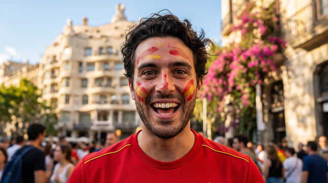Smiling Spanish football fan with face paint celebrating in crowded city street
