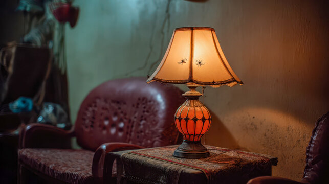 Quiet night around the lamp with insects buzzing in the air and soft light shining in the room