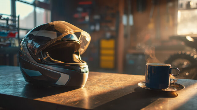 Racing helmet sits next to a coffee cup on a metal surface in a workshop during afternoon light