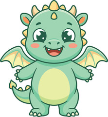 Fototapeta premium Cute Baby Dragon Vector Illustration - Kawaii Green Little Dino Character