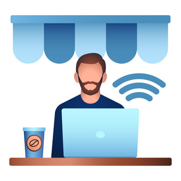 Digital Nomad Working in Cafe Icon, Work From Cafe, Coffee Shop Workspace, Remote Work, Freelancer, Mobile Office and Flexible Workplace Illustration