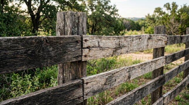 old wooden fence in countryside landscape.